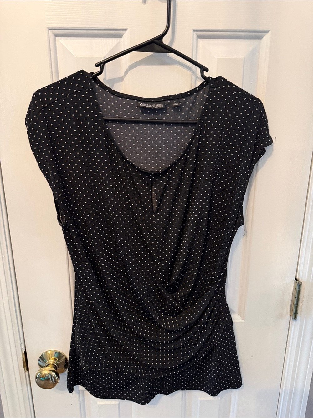 Black Polka Dot Draped Cap-Sleeve Women's Blouse